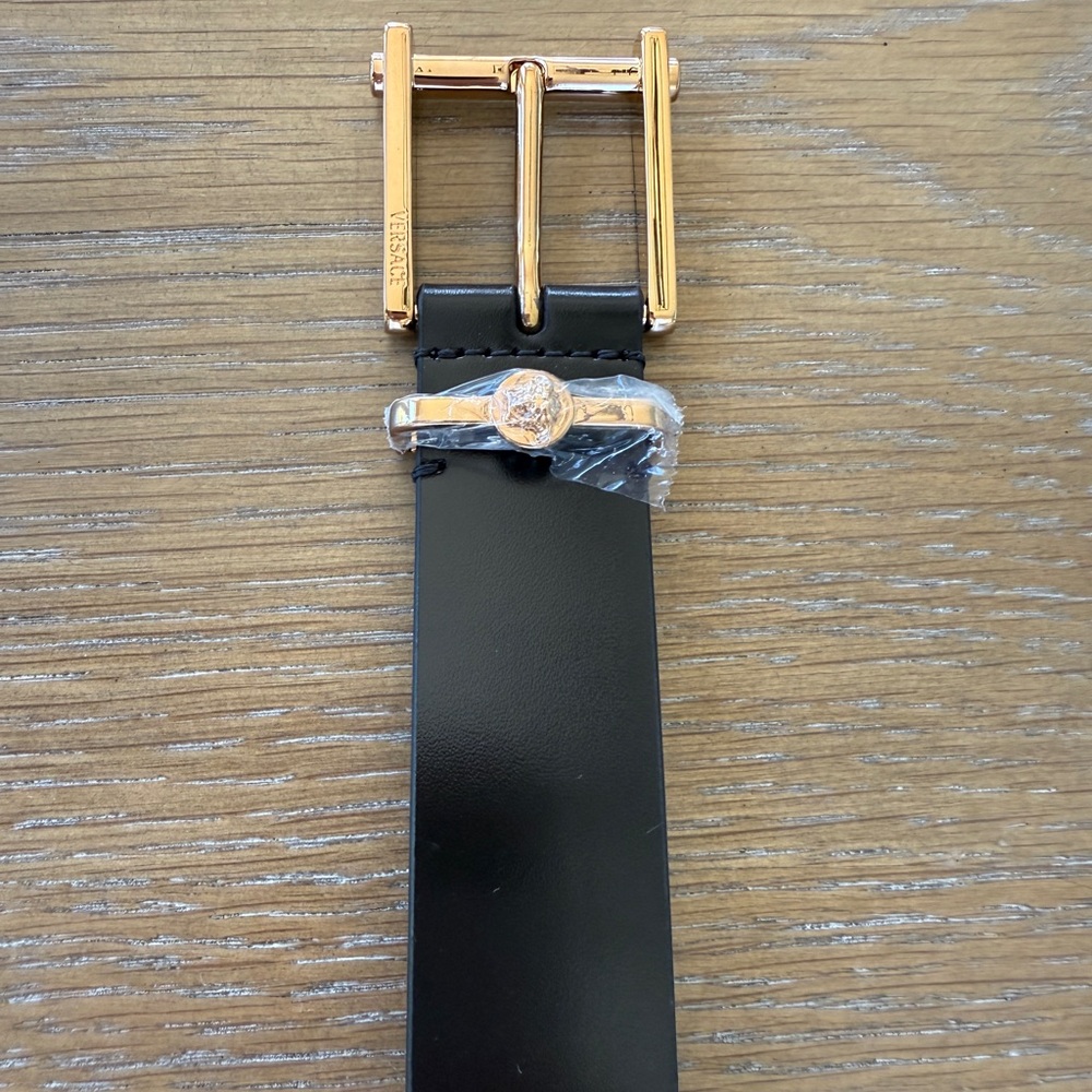Versace Column Leather Black Belt with Gold Buckle